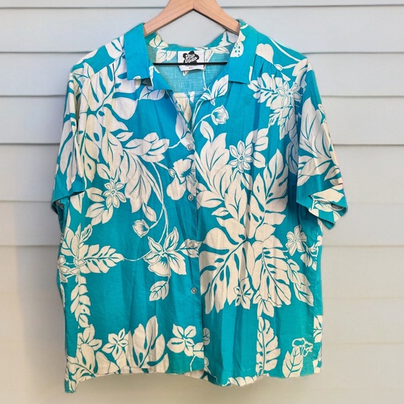 Vintage Hilo Hattie Made in Hawaii Hibiscus Cotton Button Down Shirt Blue White - Picture 1 of 5